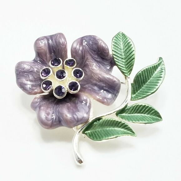 Vintage Purple Green Enamel Flower Brooch, Silver Tone, 1 1/2 In, 1990s - Picture 1 of 8